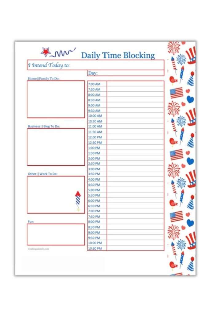 USA Patriotic Time Management Time Blocking Worksheet - Crafting a Family  Dinner