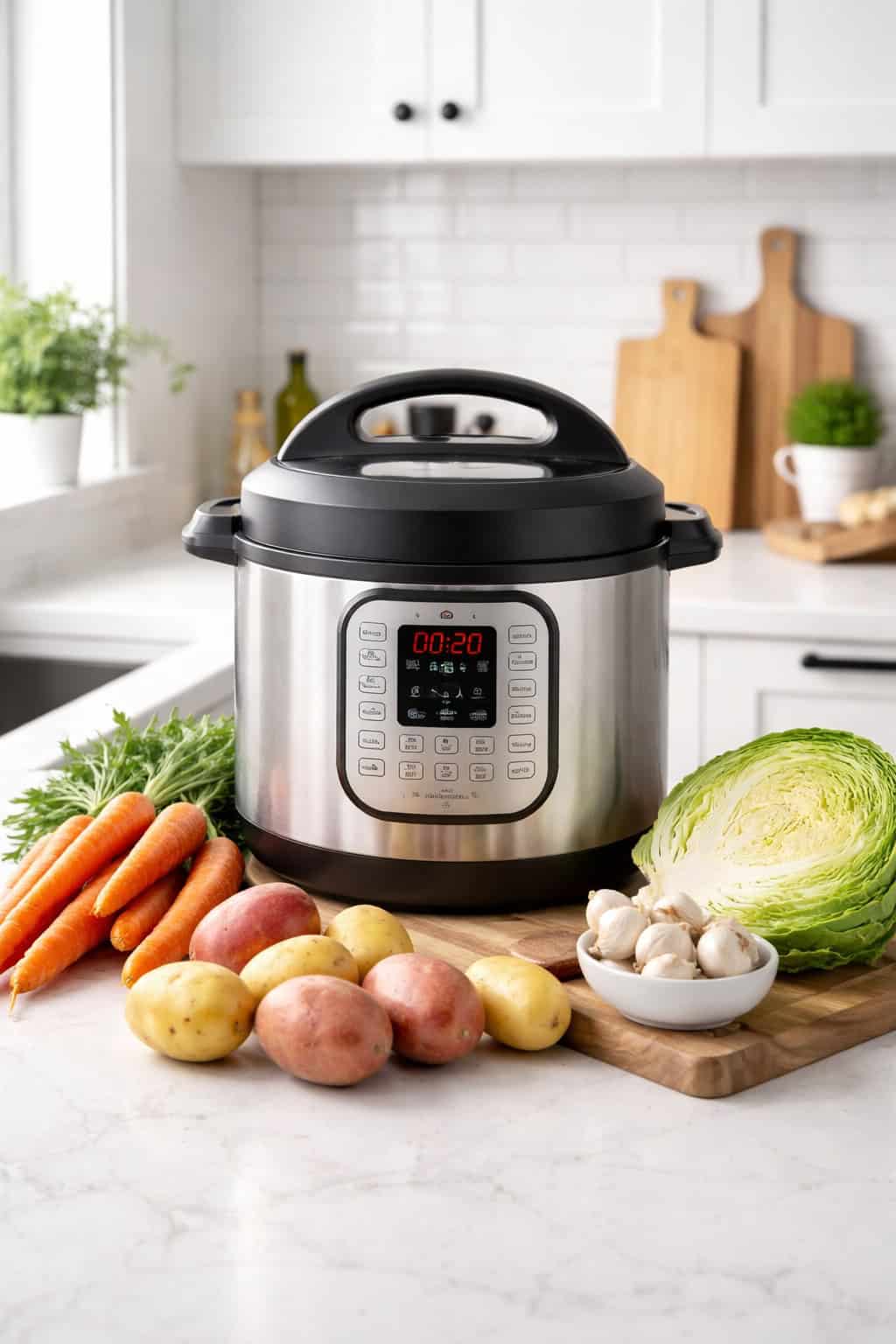 Stainless steel Instant Pot on a modern white kitchen counter with carrots, potatoes, cabbage, and garlic arranged in front