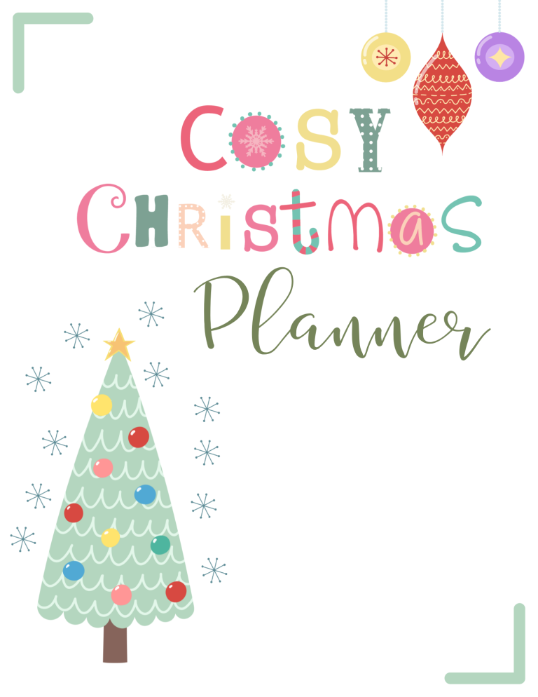 Cozy Christmas Planner front paid with a green retro style christmas tree in light green