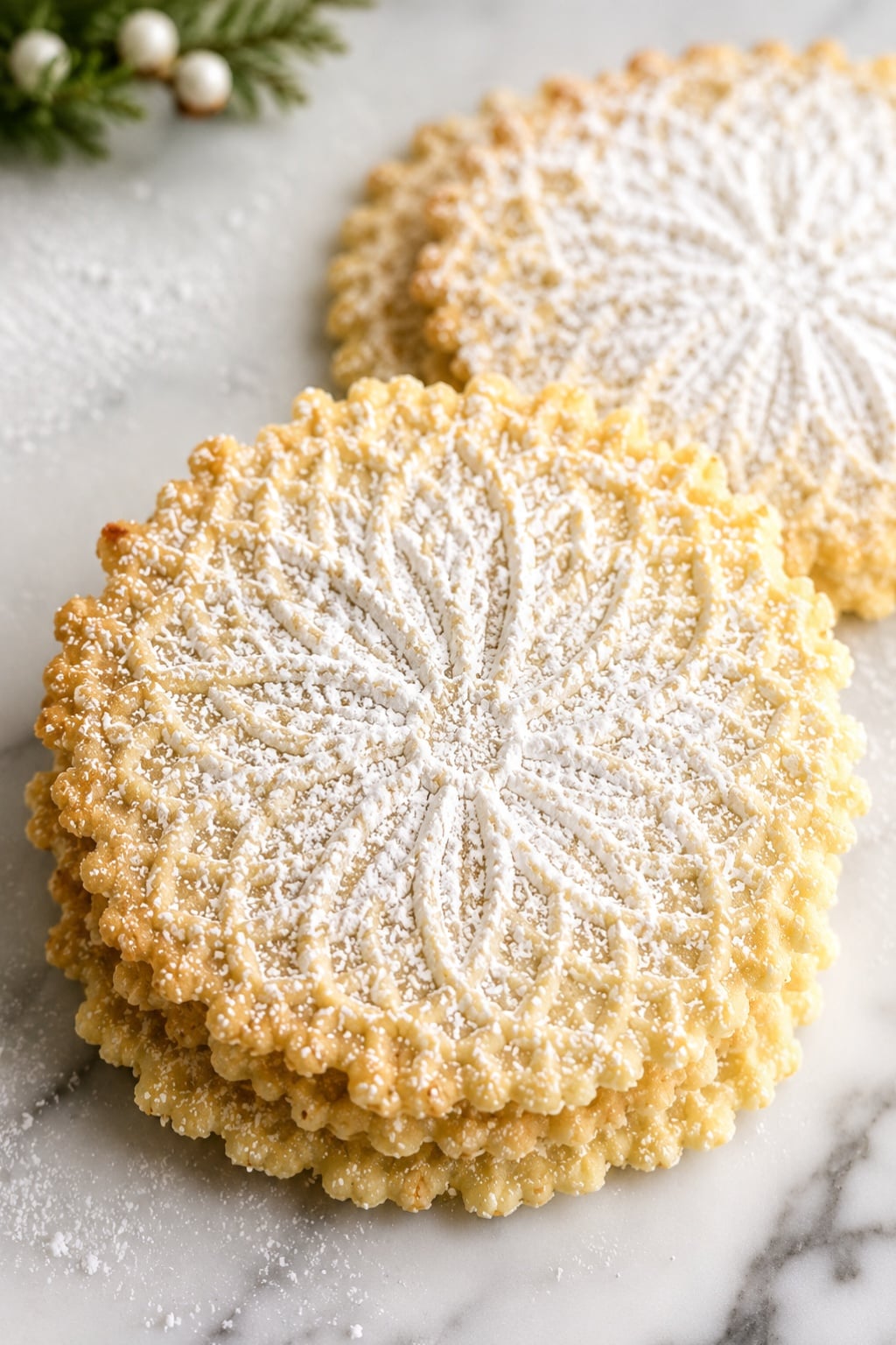 Close-up of a stack of homemade Italian pizzelle cookies dusted with powdered sugar on a white marble surface with a soft blurred holiday background. The thin, crisp vanilla waffle cookies feature a traditional embossed pattern and are photographed in natural light.