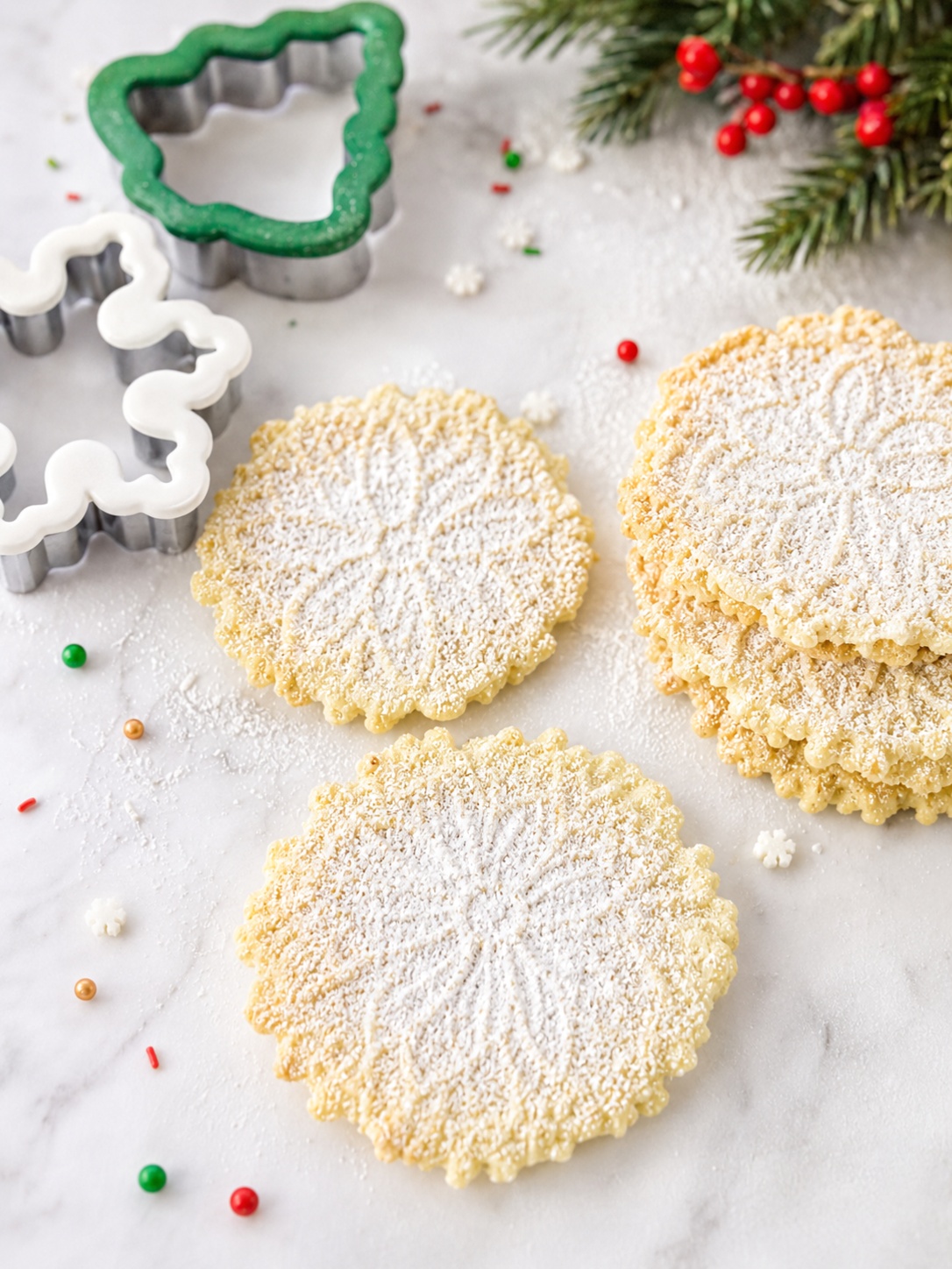 Homemade Italian pizzelle cookies dusted with powdered sugar on a white marble surface with Christmas cookie cutters, evergreen sprigs, and red berries. The thin, crisp vanilla waffle cookies are arranged in a bright holiday baking scene with a soft natural background.