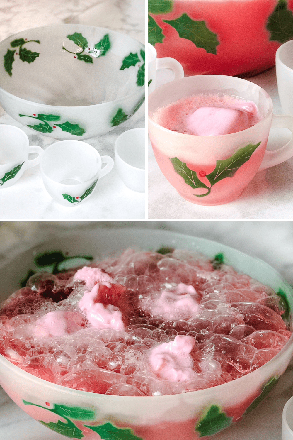 Delicious Holiday Raspberry Sherbet Punch Non Alcoholic three picture top left the holy designed punch bowl no punch top right a punch cup with red raspberry sherbert thanksgiving punch close up and bottom the filled punch bowl. 