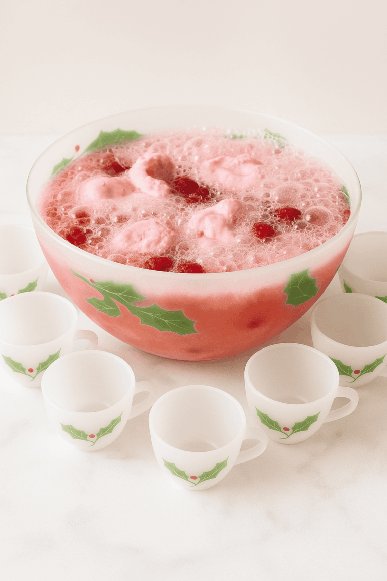 Vintage holly-decorated Christmas punch bowl filled with raspberry sherbet punch, surrounded by matching frosted punch cups on a light pastel surface.
