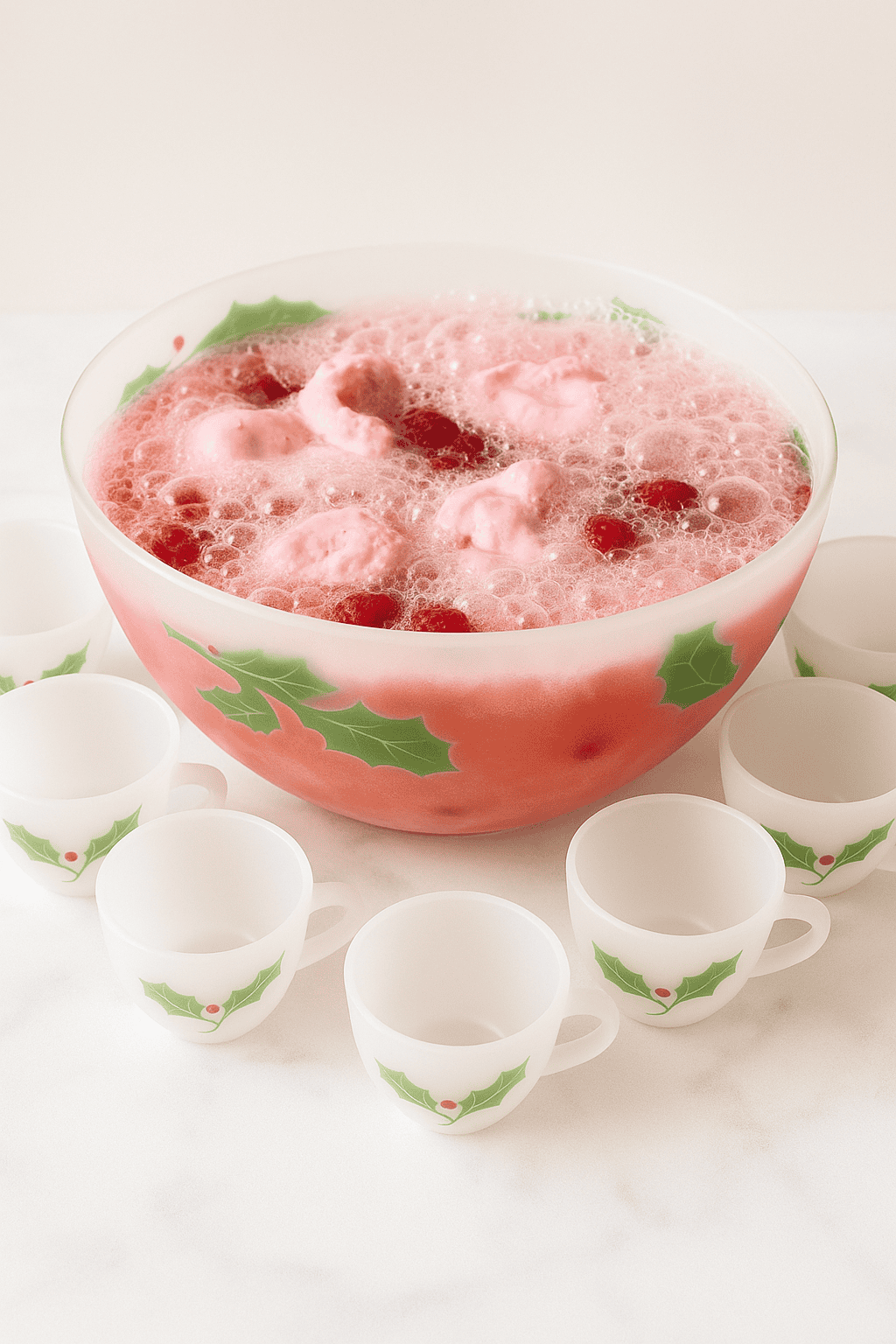 Vintage holly-decorated Christmas punch bowl filled with raspberry sherbet punch, surrounded by matching frosted punch cups on a light pastel surface.