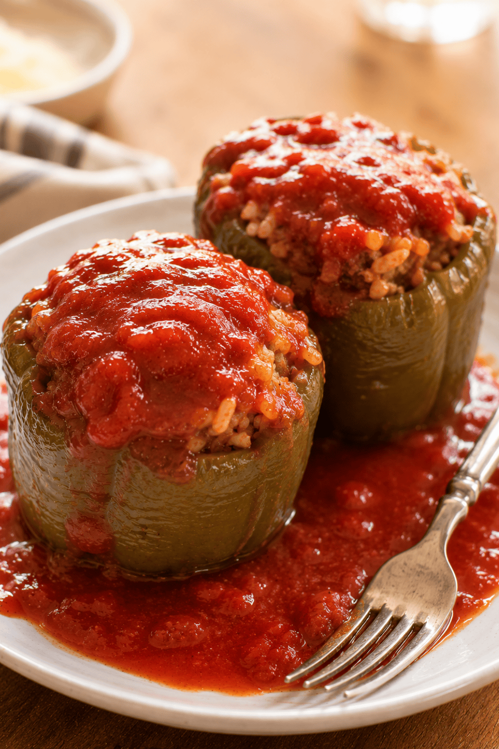 Two stuffed green peppers with tomato soup sauce served on a white plate, the ground beef and rice filling visible at the top of each pepper, a silver fork resting alongside on a warm wood table.