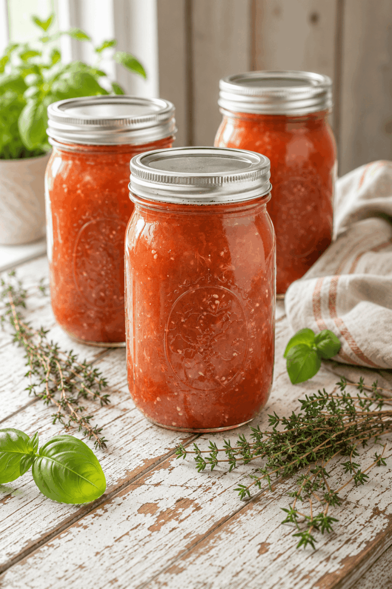 Three mason jars filled with chunky homemade stewed tomatoes sit on a weathered white farmhouse table. Fresh thyme and basil are scattered around the jars, with a striped linen towel in the background. Soft natural light from a nearby window highlights the rich red color of the tomatoes, creating a warm and inviting farmhouse kitchen scene.