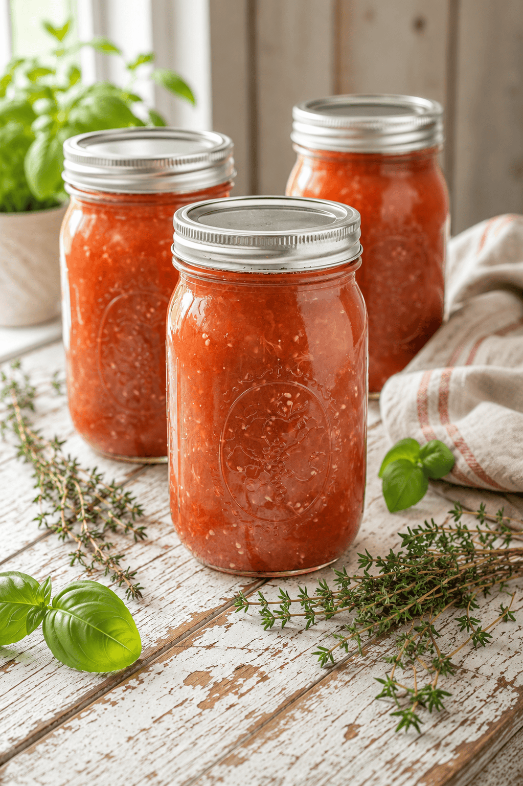 Three mason jars filled with chunky homemade stewed tomatoes sit on a weathered white farmhouse table. Fresh thyme and basil are scattered around the jars, with a striped linen towel in the background. Soft natural light from a nearby window highlights the rich red color of the tomatoes, creating a warm and inviting farmhouse kitchen scene.