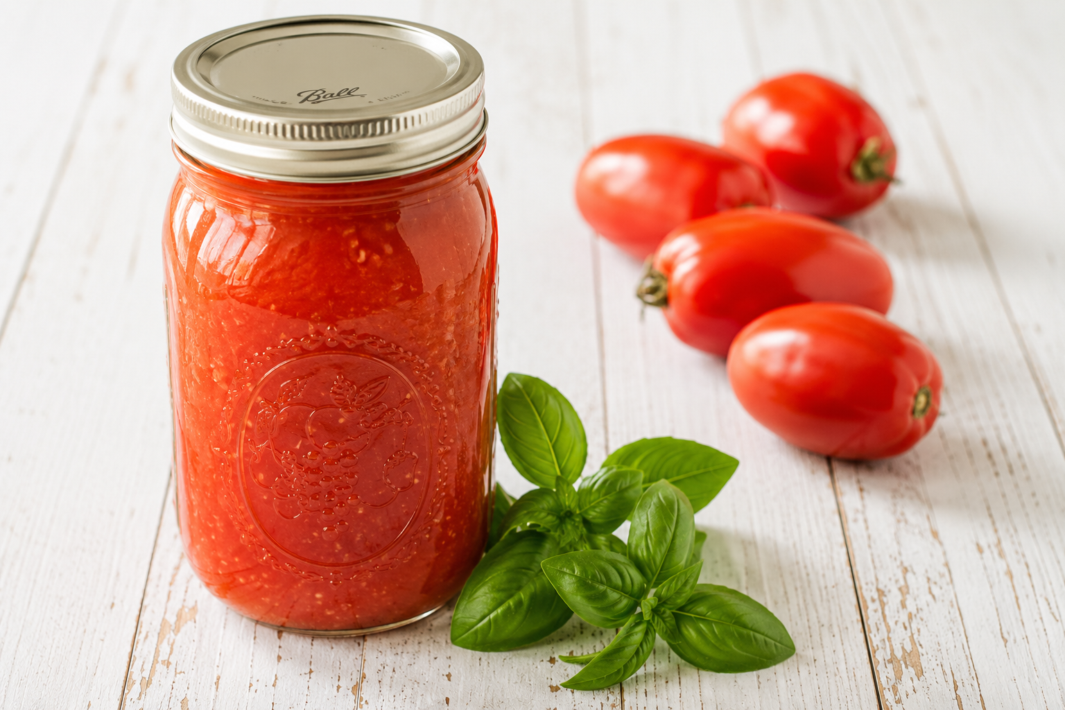A sealed mason jar filled with bright red homemade stewed tomatoes sits on a white farmhouse wood surface. Fresh green basil leaves rest at the base of the jar, while four Roma tomatoes are arranged in the background with a soft blur. Natural light highlights the rich color and chunky texture of the canned tomatoes in this simple farmhouse-style food photo.