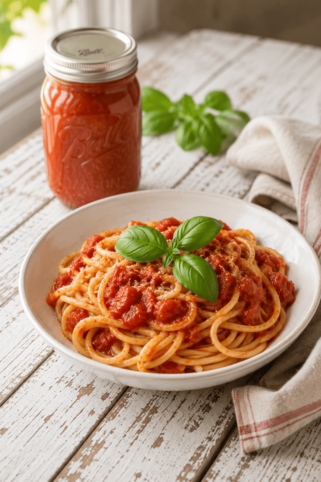 A white pasta bowl filled with spaghetti and chunky homemade tomato sauce sits on a weathered white farmhouse table. Fresh basil leaves garnish the pasta, while a sealed mason jar of home-canned stewed tomatoes rests softly blurred in the background beside a linen napkin. Warm natural light creates a cozy homemade kitchen atmosphere.