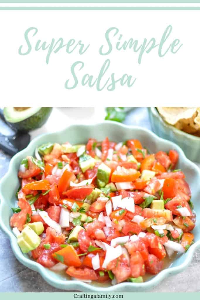 Super Simple Salsa Recipe in a blue green bowl.