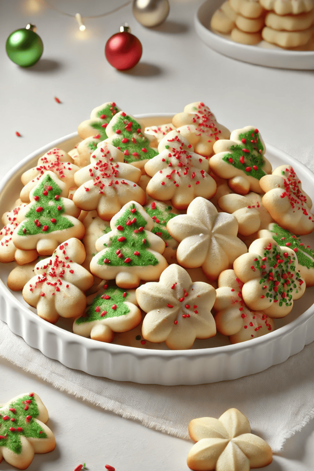 a round plate with spritz cookies trees and flowers on a white counter with 3 mini Christmas bulbs on the counter and a second plate in the top right