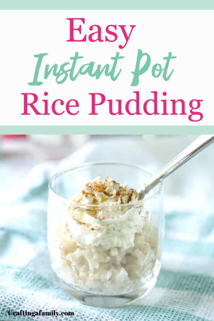 Rice pudding in the instant pot in clear cup on blue green napkin
