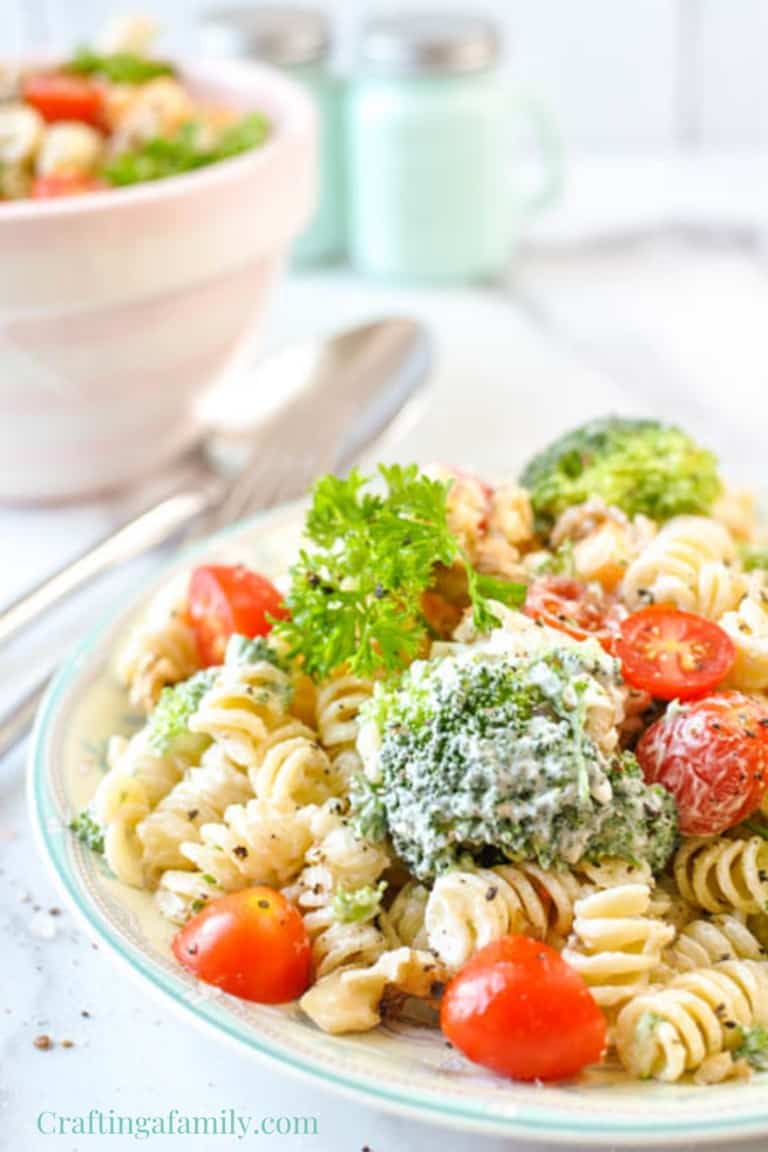 vegetable garden pasta salad on a plate with a pink serving bowl in the background. 