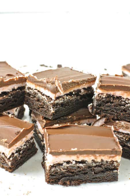 Easy Mint Buttercream Frosted Brownies Topped with Chocolate