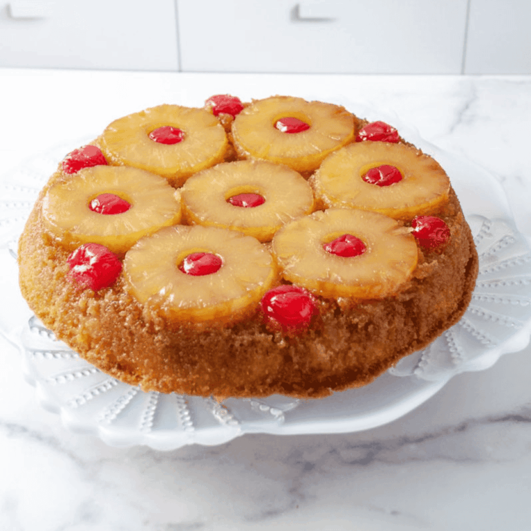 Classic pineapple upside down cake with caramelized pineapple slices and bright red cherries on a glass cake stand, an easy pineapple upside down cake recipe made with a moist pineapple cake and traditional upside down cake topping.