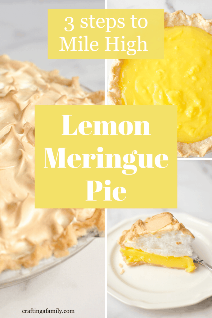 3 images of lemon meringue one a slice of pie with a fork the whole pie with cooked meringue and the one of whole pie with just the filling. 