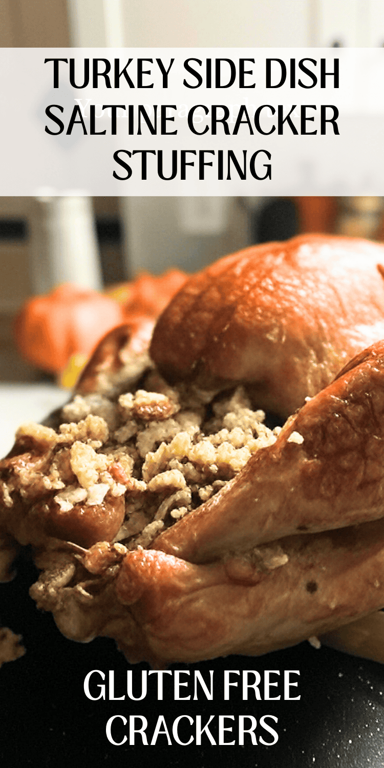 Close-up of a roasted turkey stuffed with homemade saltine cracker stuffing, perfect as a Thanksgiving dressing. This gluten-free turkey side dish is a delicious twist on classic turkey dressing recipes. Ideal for those looking for easy dressing recipes for Thanksgiving, featuring savory flavors and a crunchy texture. A must-try homemade stuffing for your holiday meal.