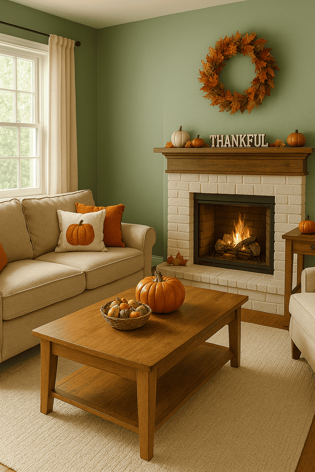 Cozy living room decorated for Thanksgiving with light sage green walls, a beige sofa with pumpkin-themed pillows, a wooden coffee table with a pumpkin and basket of gourds, and a white brick fireplace with a wooden mantel displaying pumpkins, fall leaves, a "THANKFUL" sign, and an autumn wreath above. A warm fire glows in the fireplace, creating a welcoming and festive atmosphere.