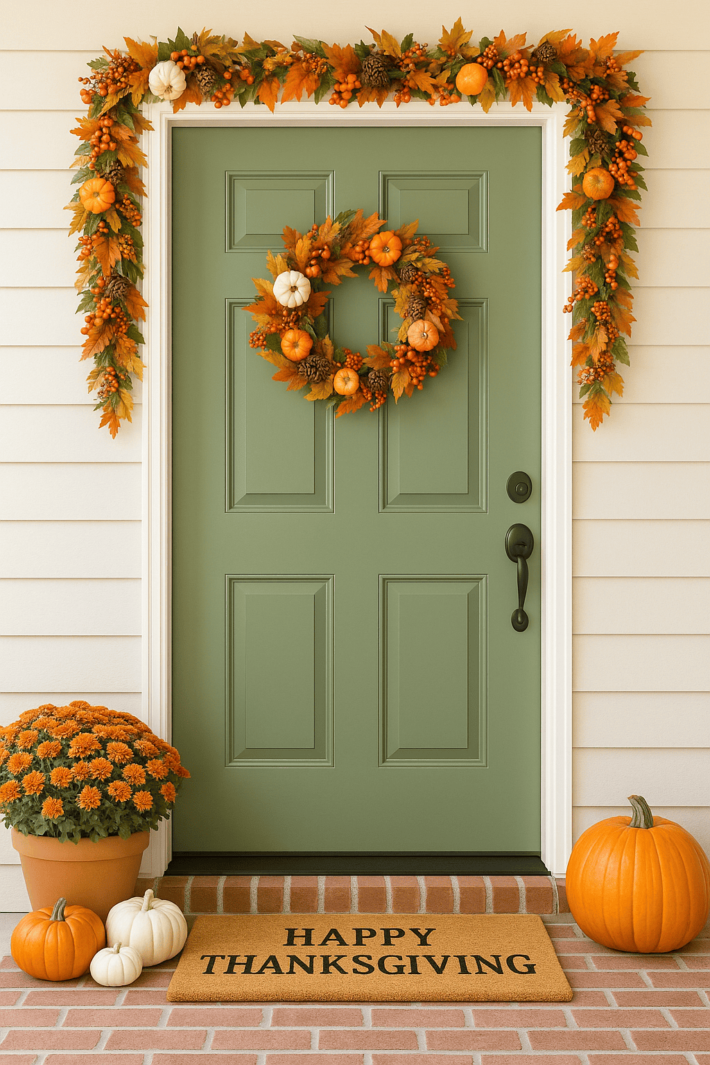 A festive front door decorated for Thanksgiving, featuring a sage green door framed with a full autumn garland along the top and both sides. The garland includes fall leaves, mini pumpkins, pinecones, and berries. A coordinating wreath hangs on the door, while a βHAPPY THANKSGIVINGβ doormat, orange and white pumpkins, and a pot of orange mums sit on the brick doorstep, creating a warm and welcoming entryway.