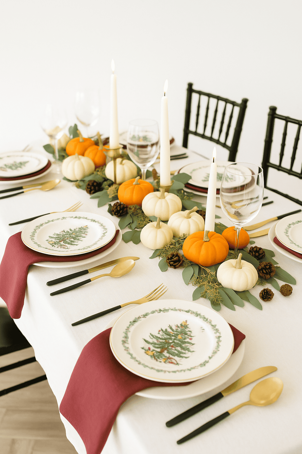A bright and airy Thanksgiving table set with vintage-style Christmas plates featuring a holiday tree design. The table is decorated with gold flatware, clear glassware with gold rims, soft linen napkins, and a low centerpiece made of greenery, white pumpkins, and small red berries. Tall taper candles in brass holders add a warm glow, creating a festive and elegant holiday setting filled with natural light.
