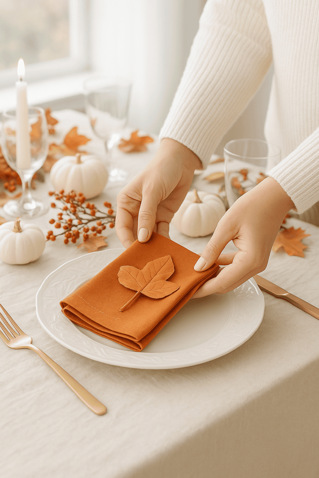 A womanβs hands, wearing a cream sweater, gently place an orange cloth napkin with a pressed leaf on a white plate. The table is set with gold flatware, a linen tablecloth, white pumpkins, red berries, and glowing candles, creating a soft, airy Thanksgiving atmosphere filled with warm natural light.