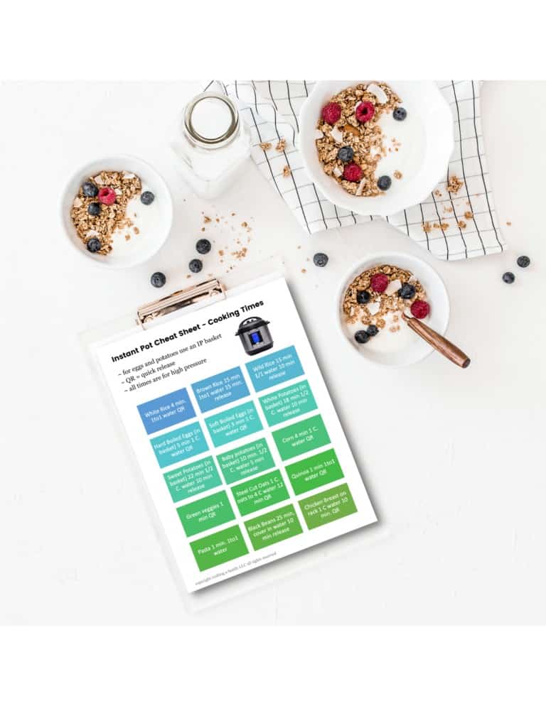 A picture of the Insta pot cheat sheet and a white counter with three bowls of cereal and a checkered towel.
