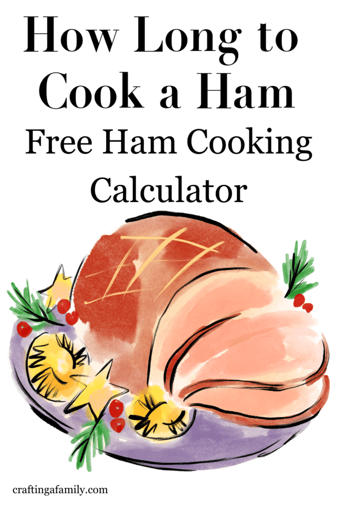 Watercolor image of a ham on a platter with pineapple rings and maraschino cherries title how long to cook a ham free ham cooking calculator.