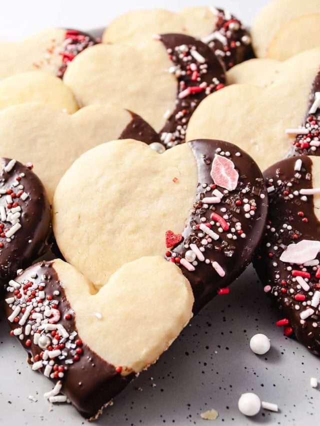 Valentine’s Day Heart Shortbread Cookies Dipped In Chocolate