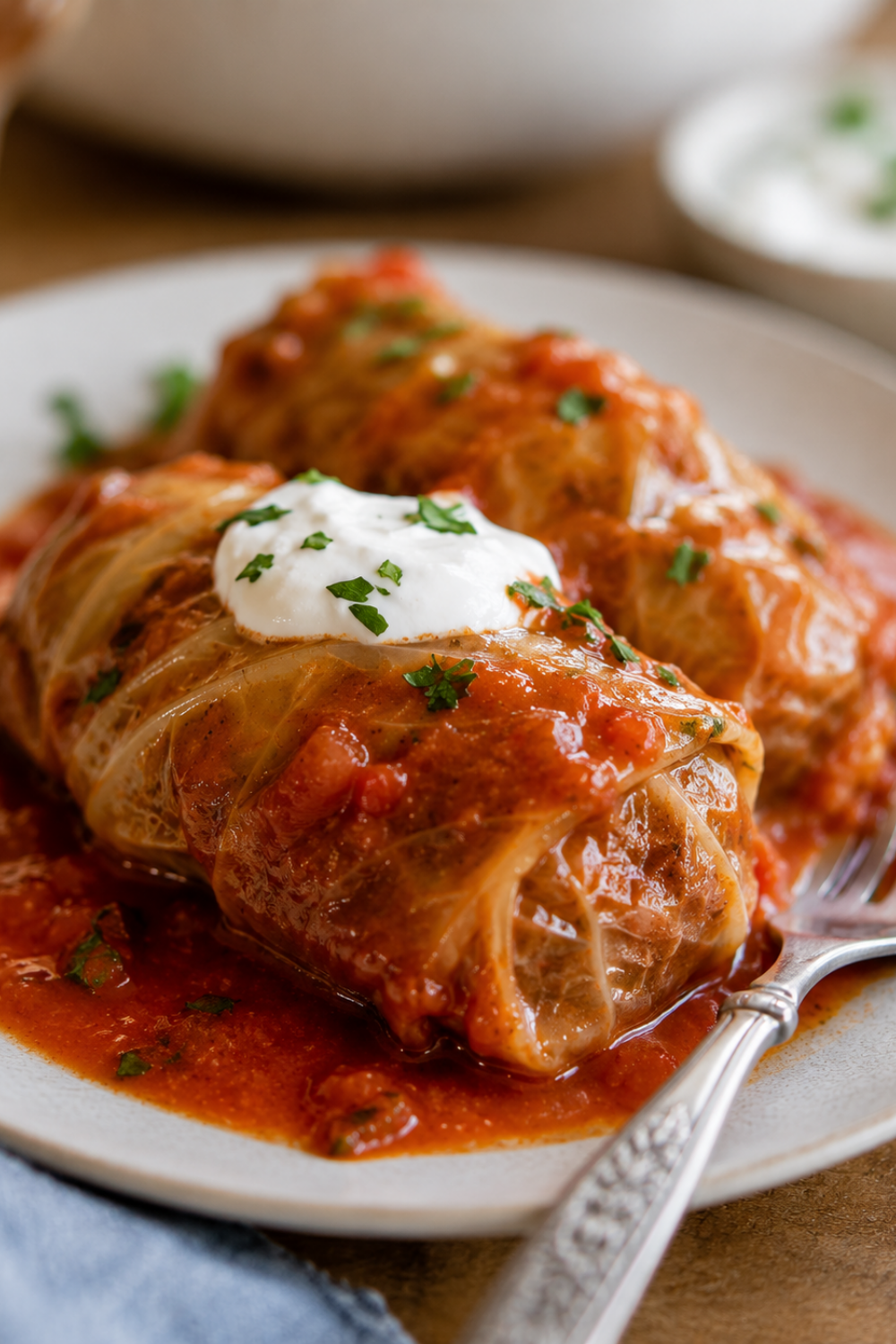 2 stuffed cabbages in tomato sauce on a white plate with a fork