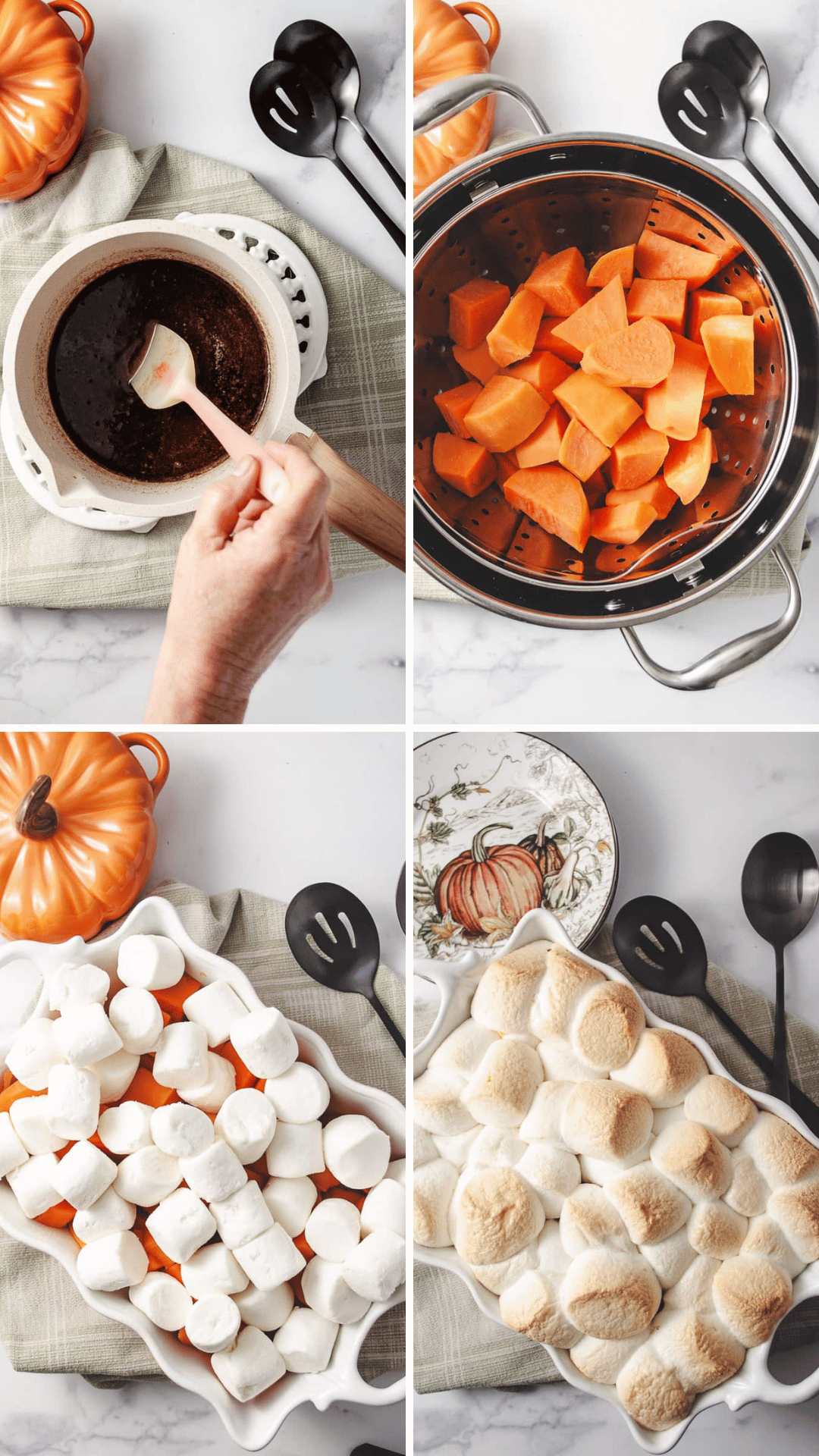Sweet potato casserole how to make, four squares in one – one with sauce and a white sauce pan on a green towel second image sweet potatoes in a pot to boil third image sweet potatoes and casserole dish with marshmallows uncooked for image sweet potatoes in case Aurora cooked all images on a green towel with black Matt serving spoons and either a ceramic glass pumpkin or a Thanksgiving plate with a pumpkin design.