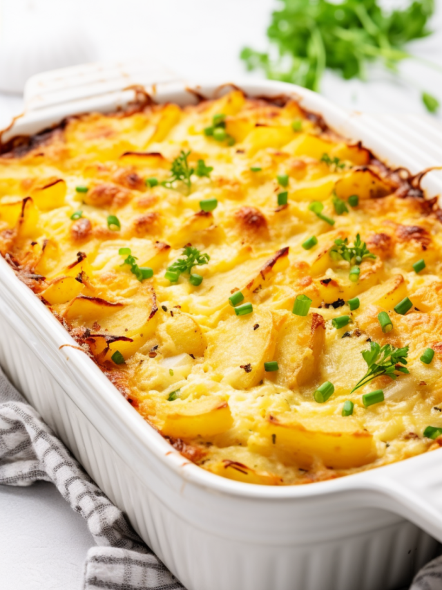 hash browns in a white casserole dish