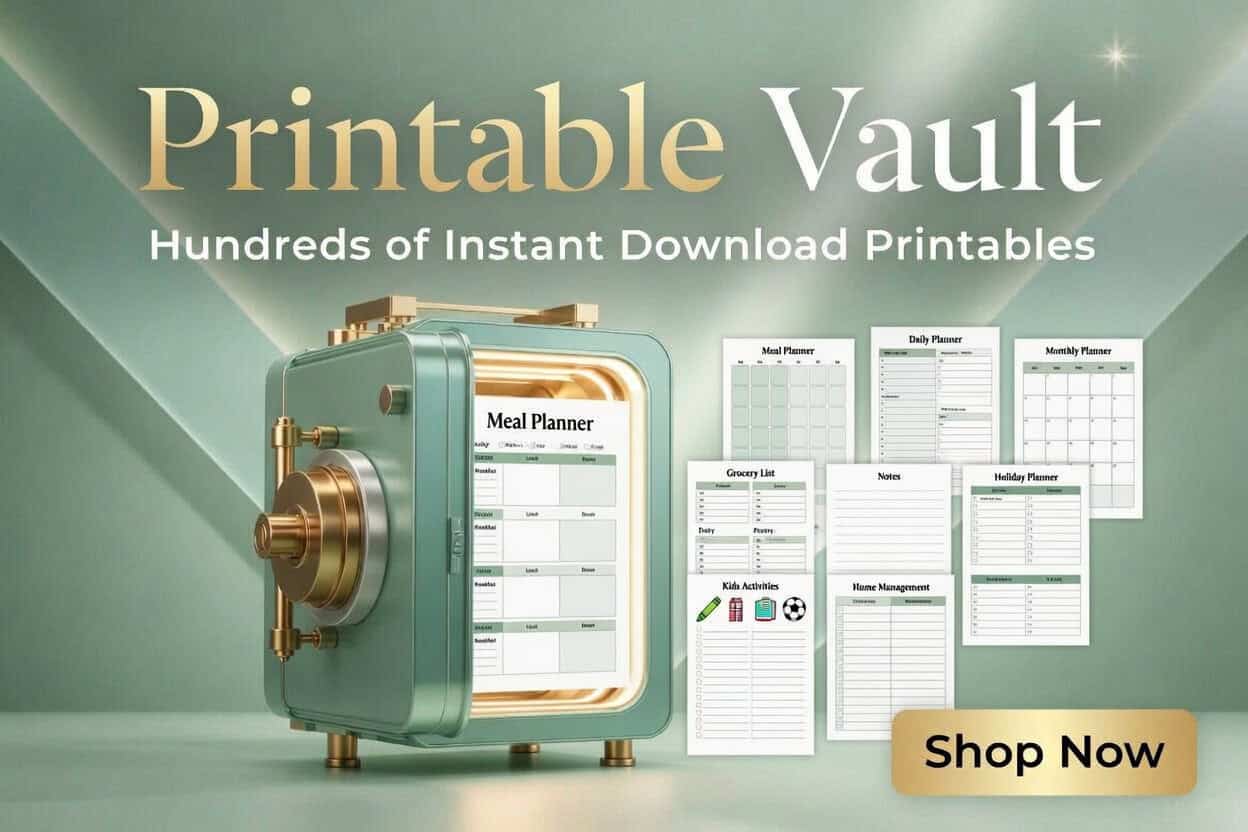 Printable Vault promotional banner with a mint sage green and gold treasure chest overflowing with instant download printables including planners, worksheets, and wall art. Text reads: Printable Vault - Hundreds of Instant Download Printables.