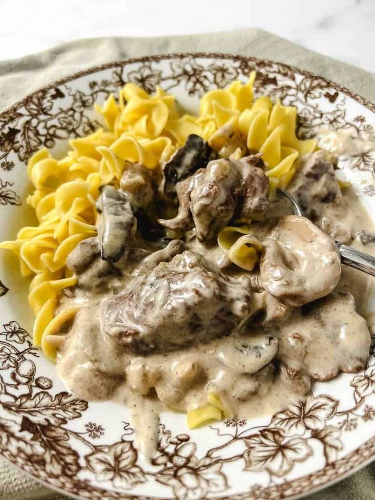 CrockPot Classic Beef Stroganoff with Beef Tips in a bowl with a border of white and brown vine pattern with egg noodles on a green towel and a spoon with a scoop close-up