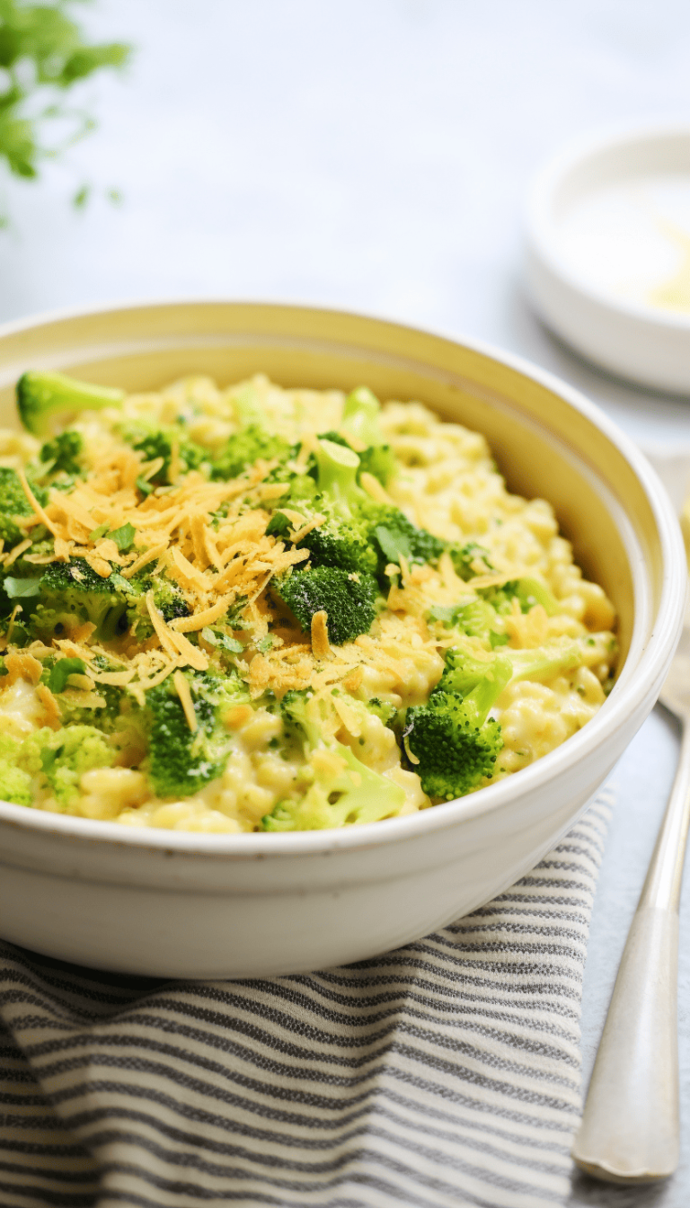 Crockpot Broccoli Rice Casserole in a white bowl with extra cheese on top and parsley on a white counter with a gray and white towel in front. Small bowl of cheese in the top right corner.