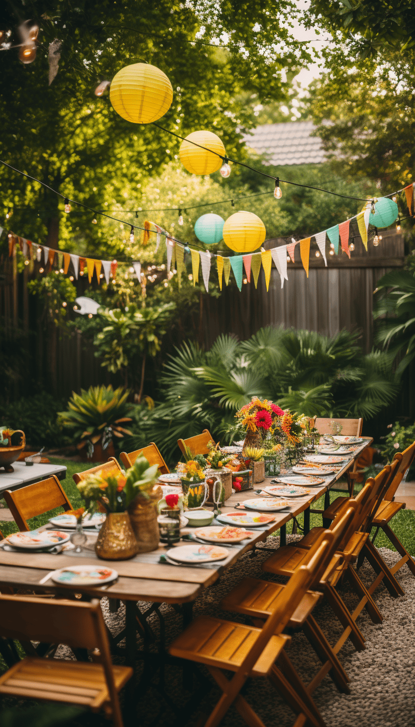 a summer backyard with palm bushes int he background, a long wooden table set for a taco party with wood folding chairs festive plates and flower center vases and banners handing over head. 