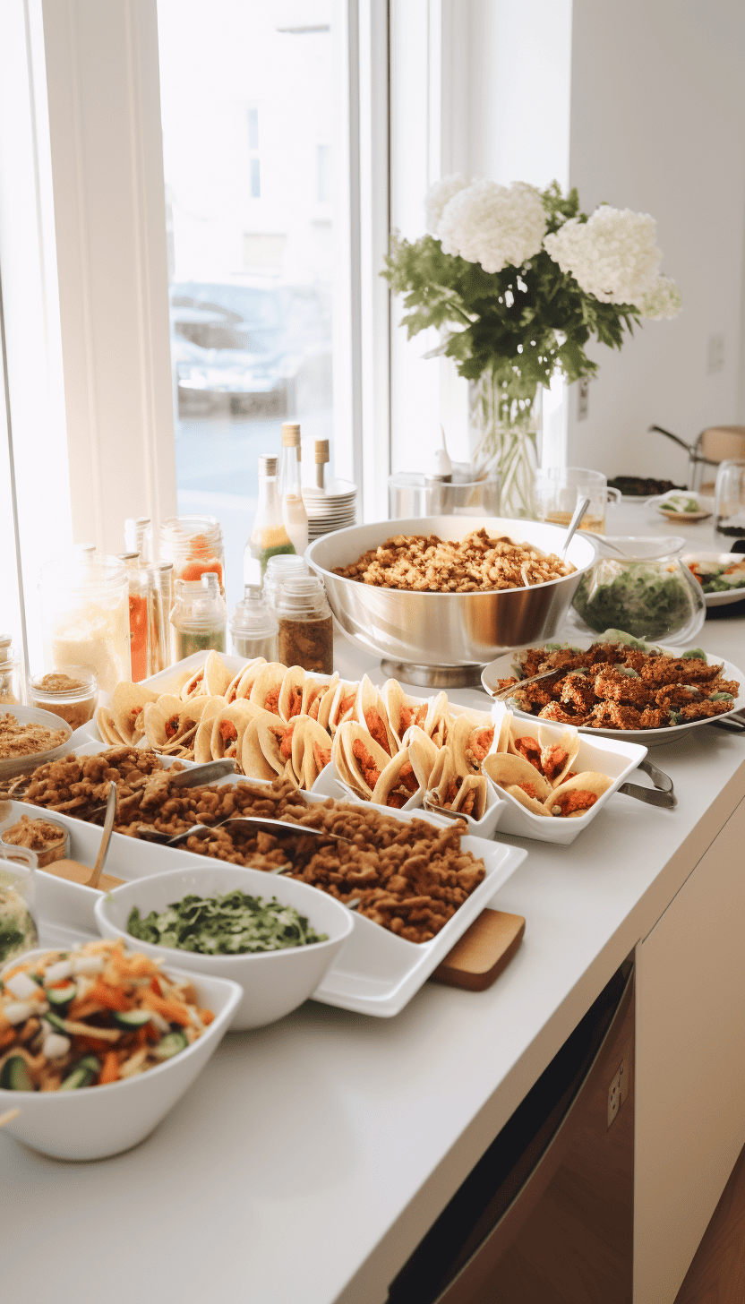 a taco party set up on a white counter with trays and bowls of taco party food. 
