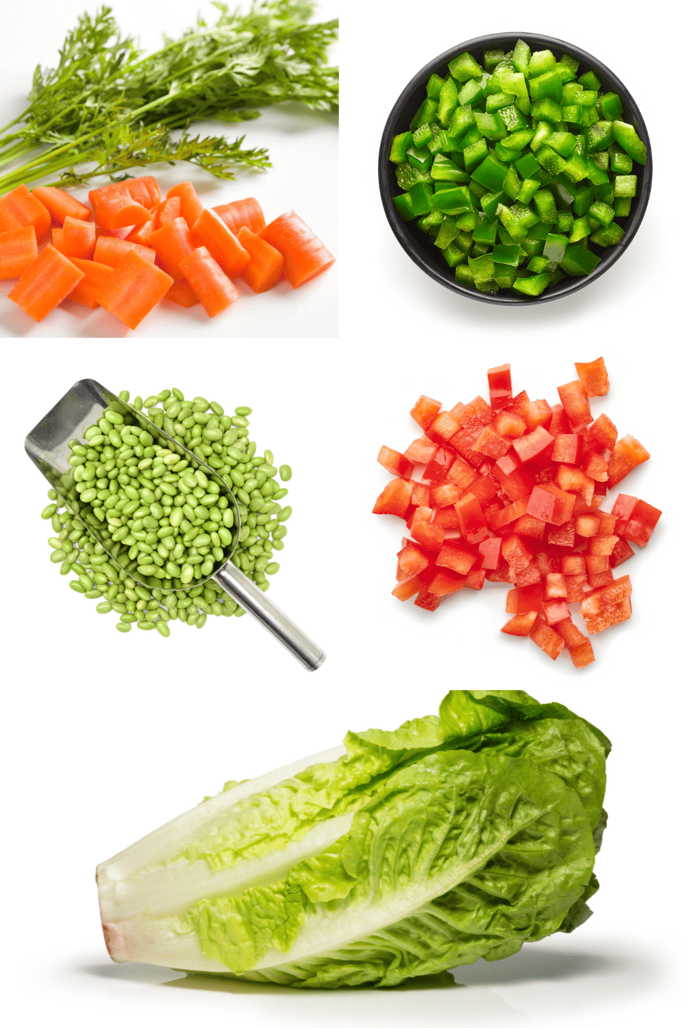 A collage of ingredients for the salad chopped carrots chopped green onions chopped red onion edamame and Romain lettuce.