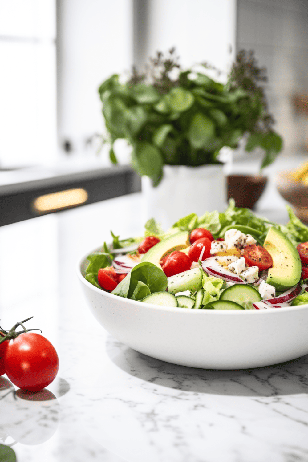 A salad in a white bowl and a white marble countertop with too many tomatoes in the foreground and a green plant in the background.