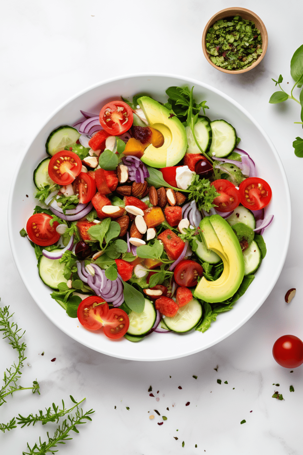 Top down view have a healthy salad and a white bowl with some herbs and a tomato on the counter.