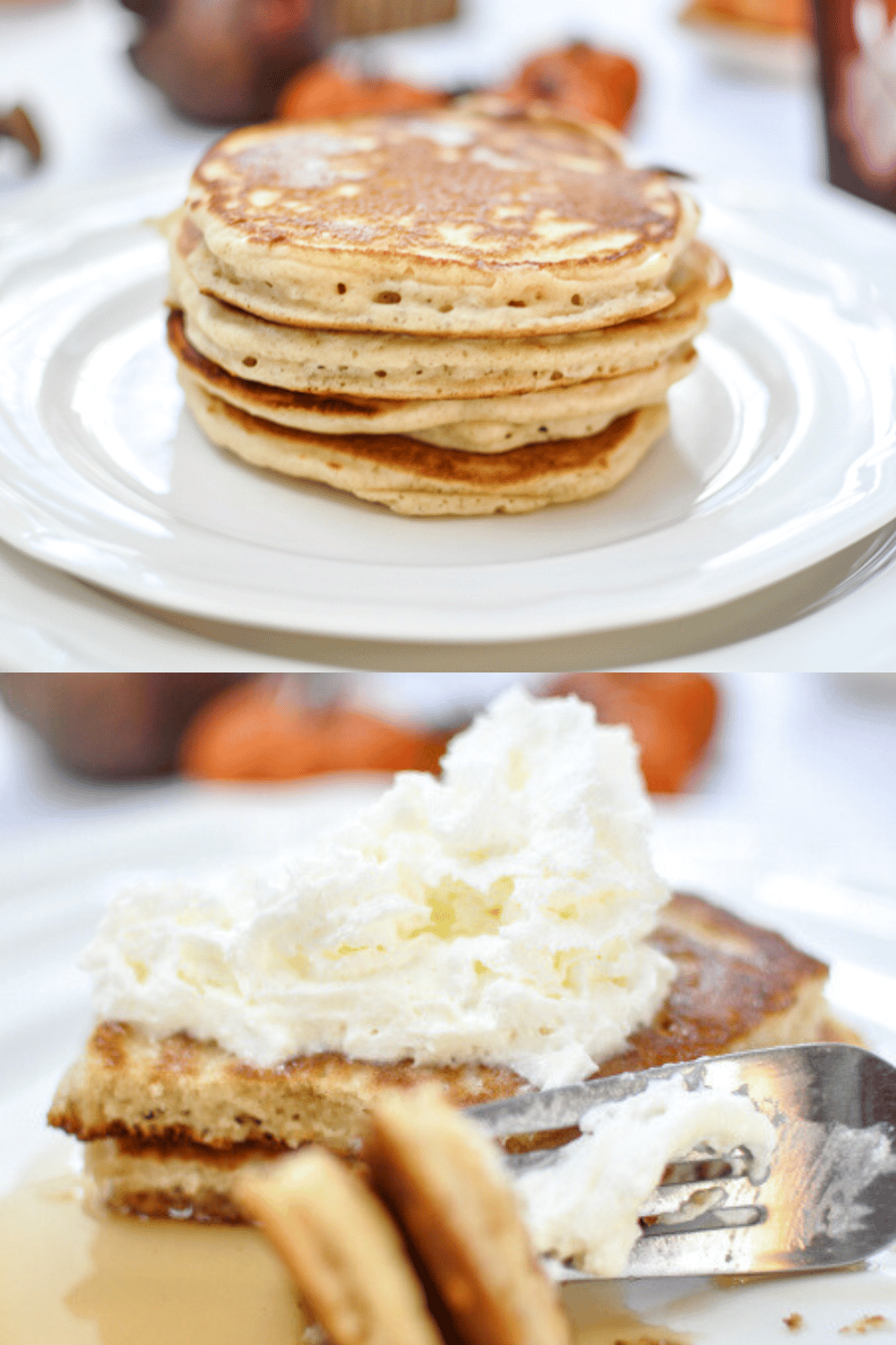 Easy Bisquick Pancake Recipe: Ultimate Apple Cinnamon top image is 4 pancakes stacked on a white plate. bottom age is a fork taking a bite of the pancake with whip topping on top. 