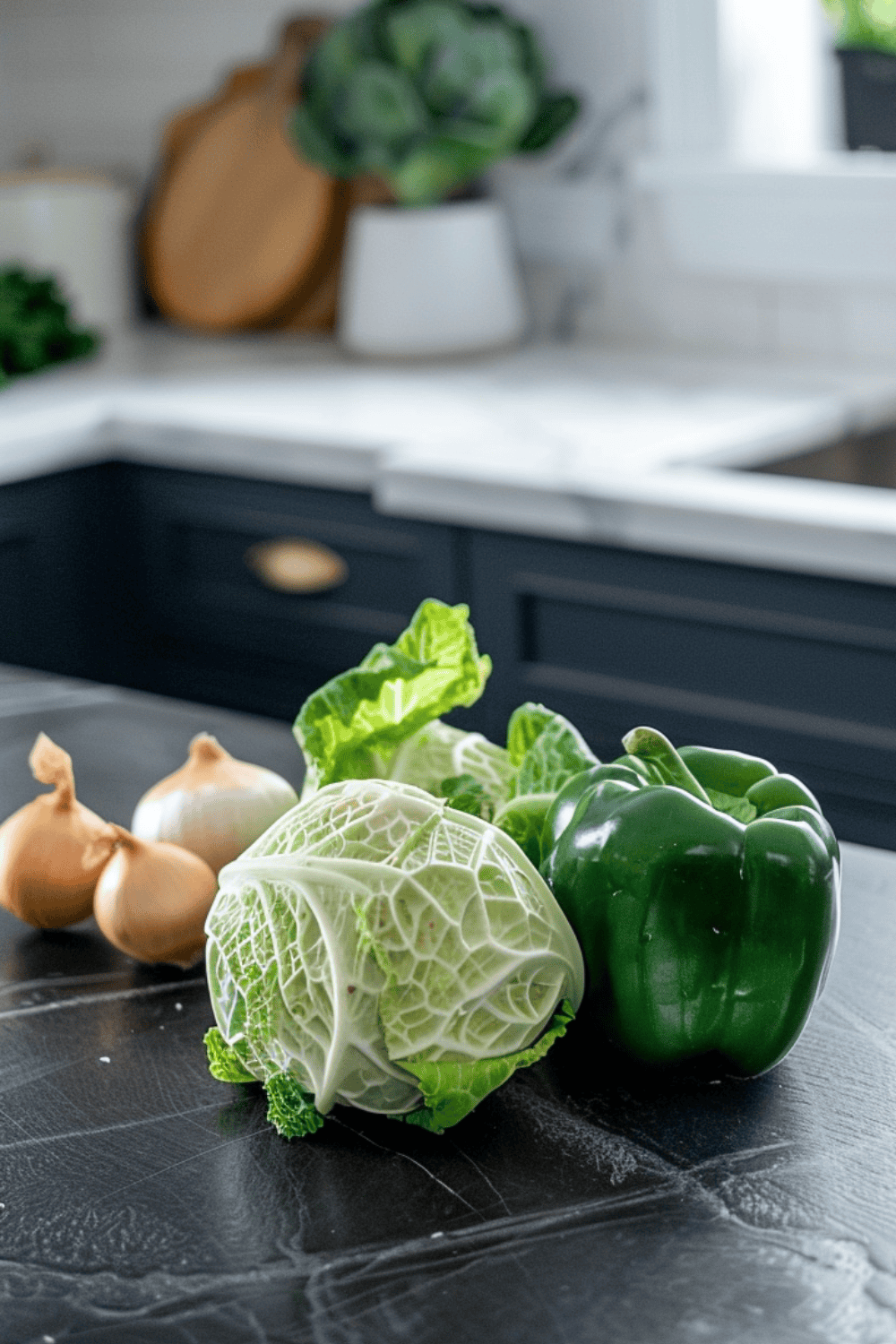 Unstuffed Ground Beef Cabbage Roll Casserole One-Pan  a cabbage, green pepper and 2 small onions on a soapstone counter top in a white and navy blue kitchen. 