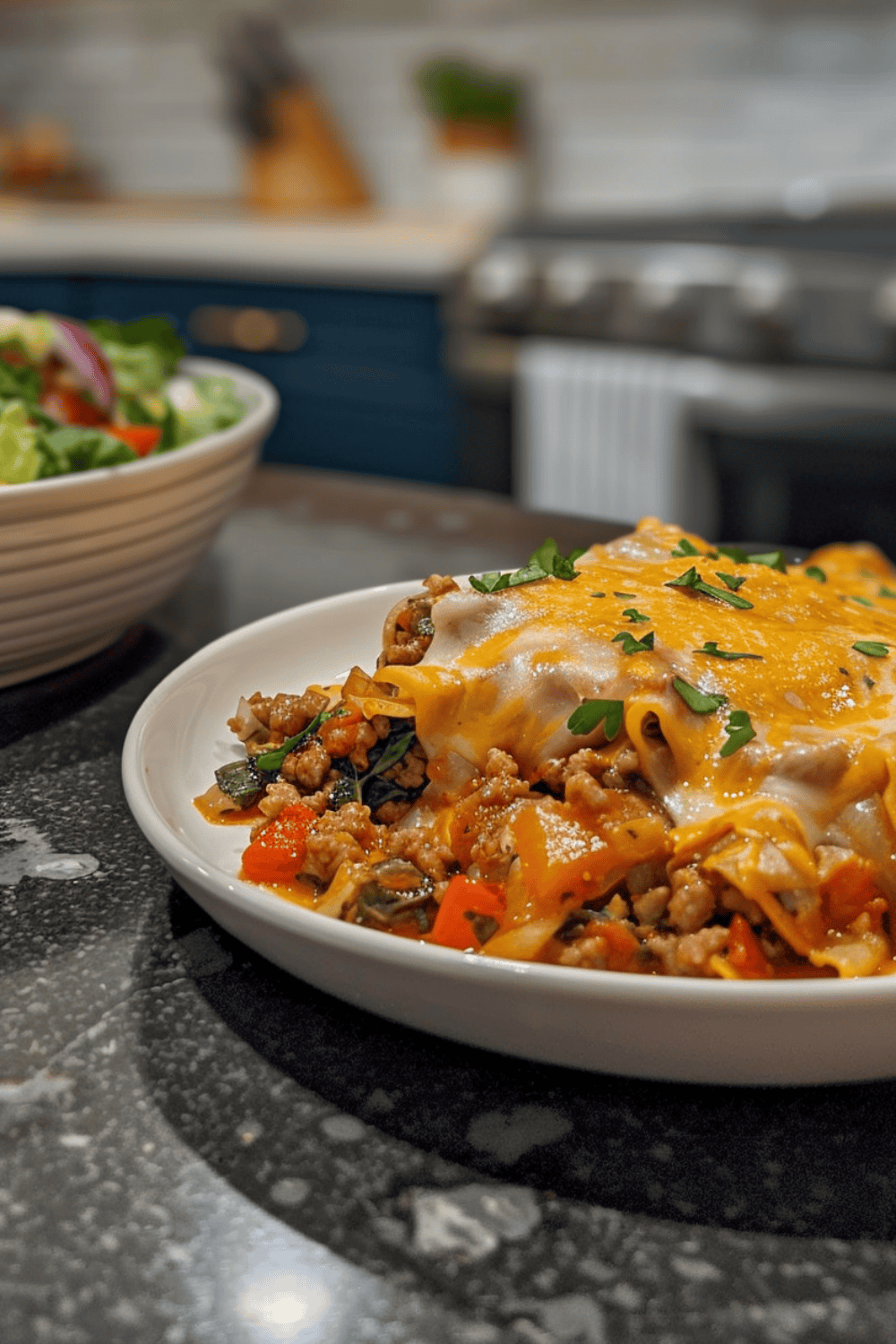Unstuffed Ground Beef Cabbage Roll Casserole One-Pan on a white plate with salad on the side in a bowl.