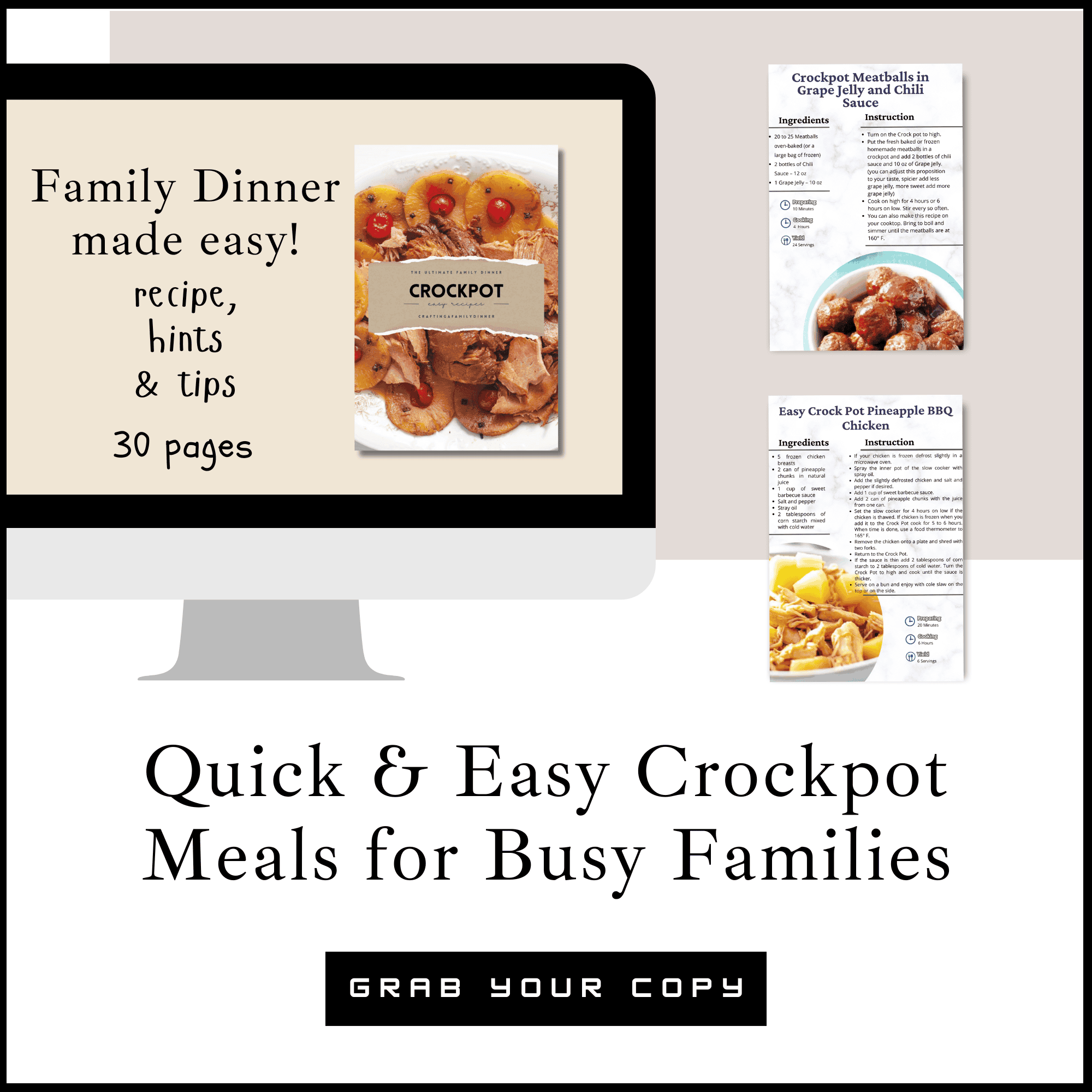 quick and easy Crockpot meals for busy families picture of the e-book and linked to buy pay what your want