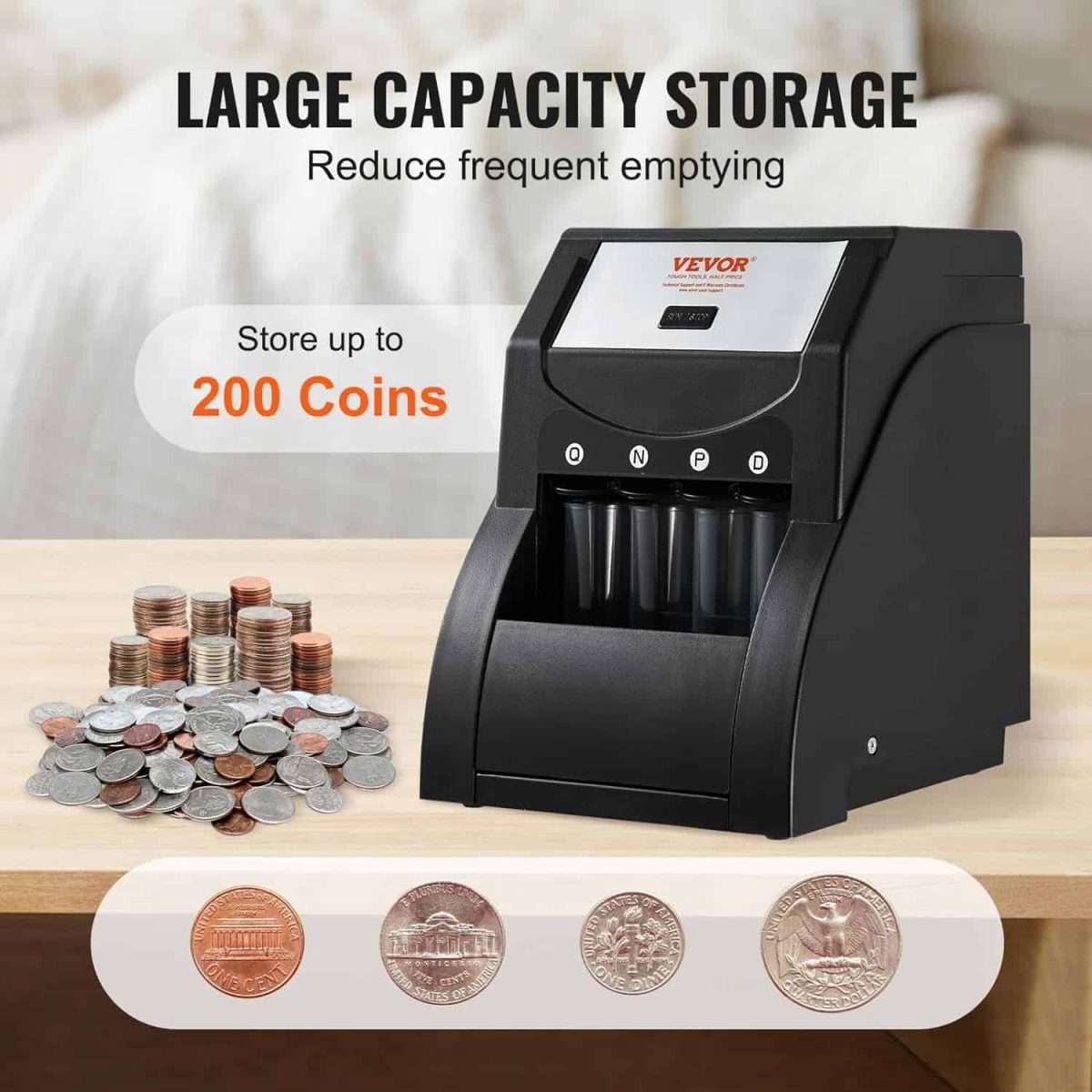 coin counting machine with coins on the table