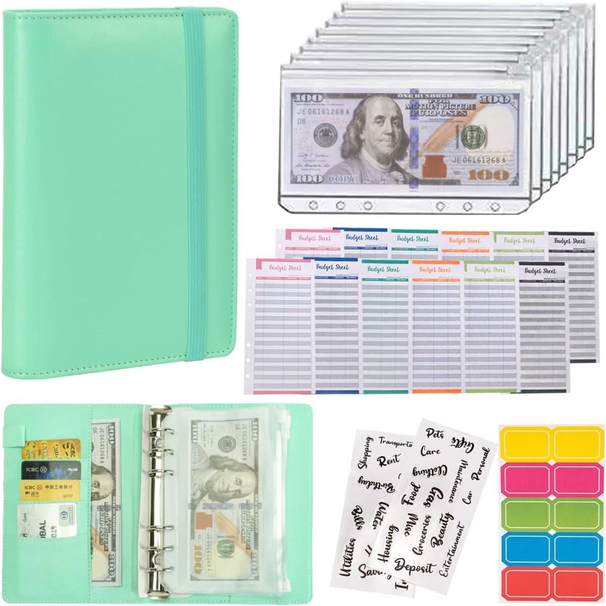 a mint budget envelope binder with stickers