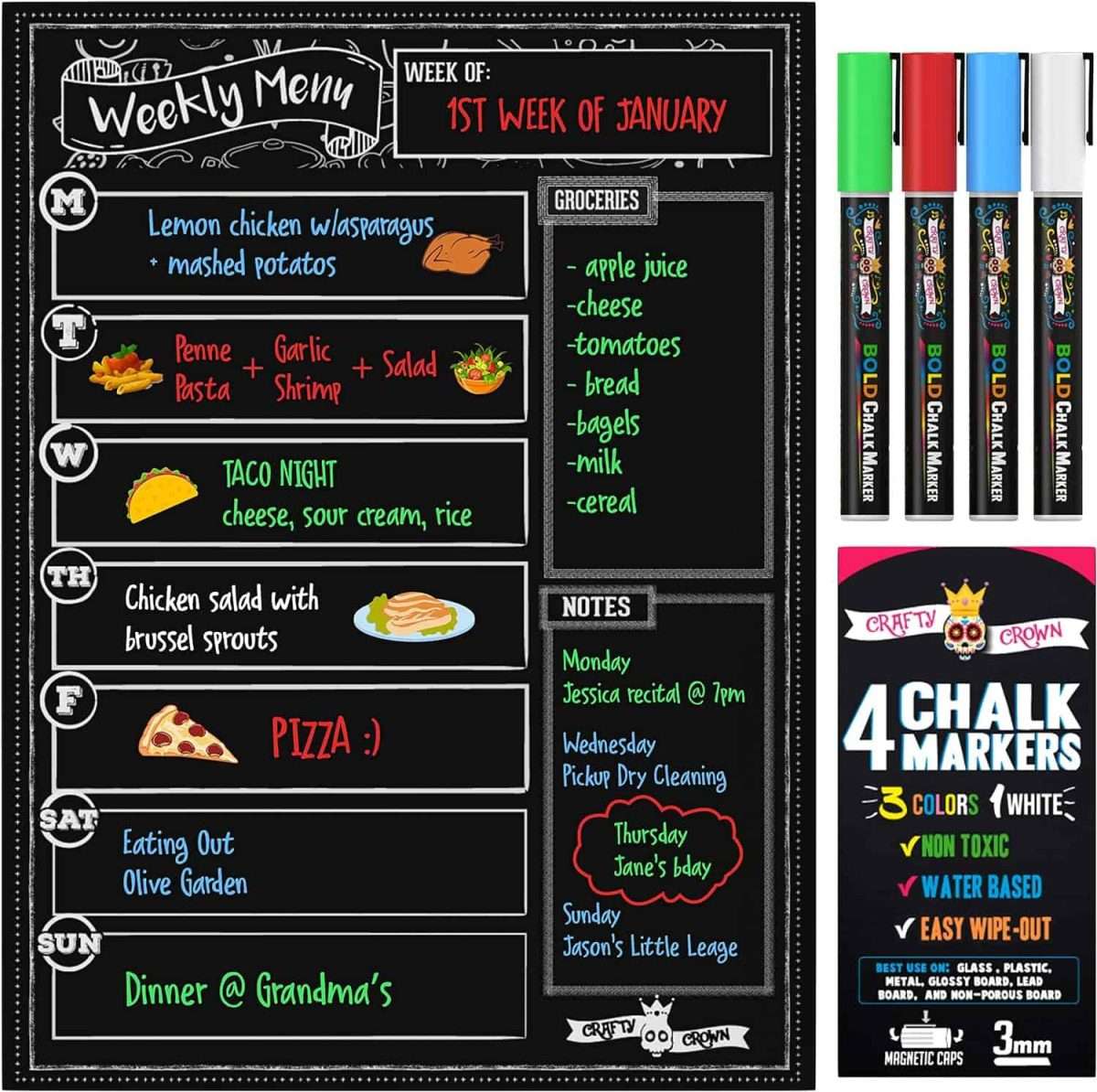 black dry erase menu board with markers.