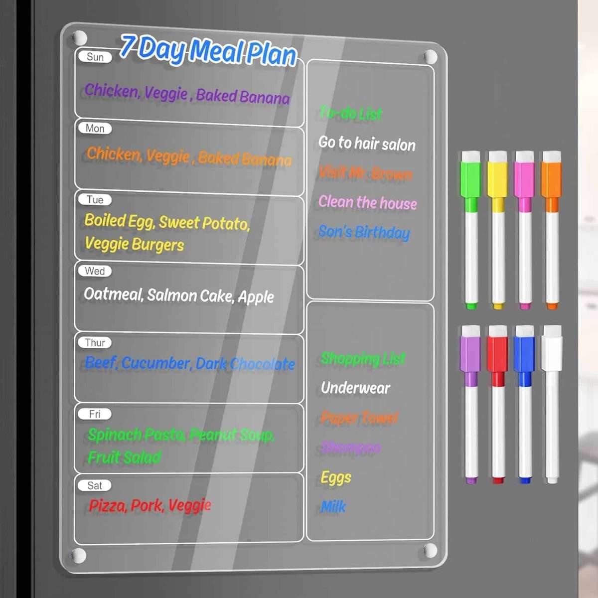 Clear menu planner that sticks to the fridge with colored markers