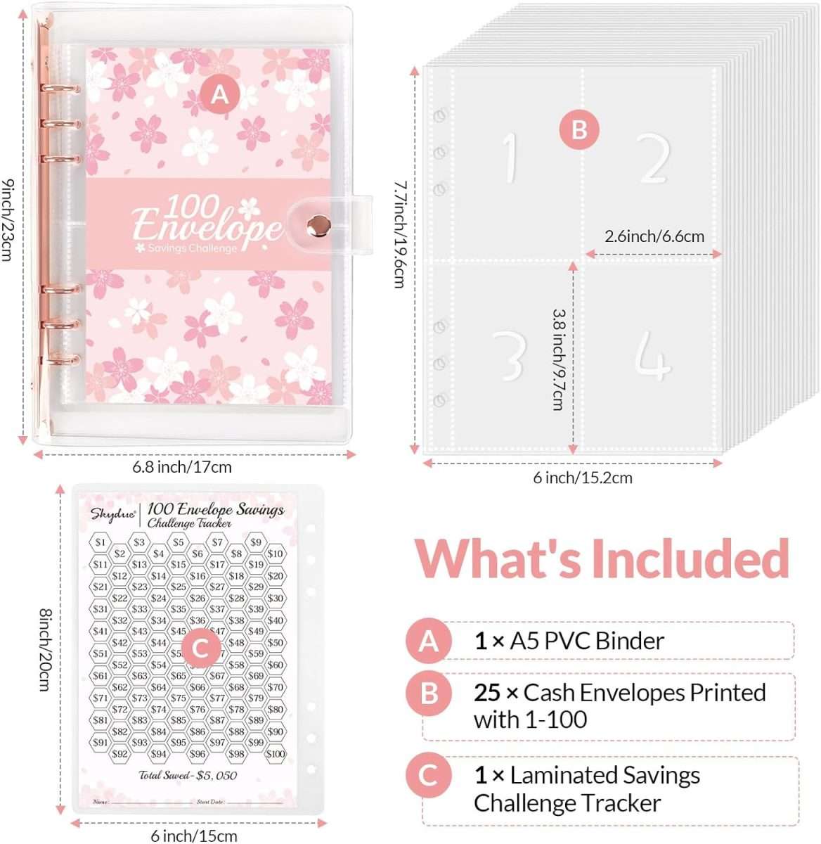 a pink flour budget envelope binder with stickers