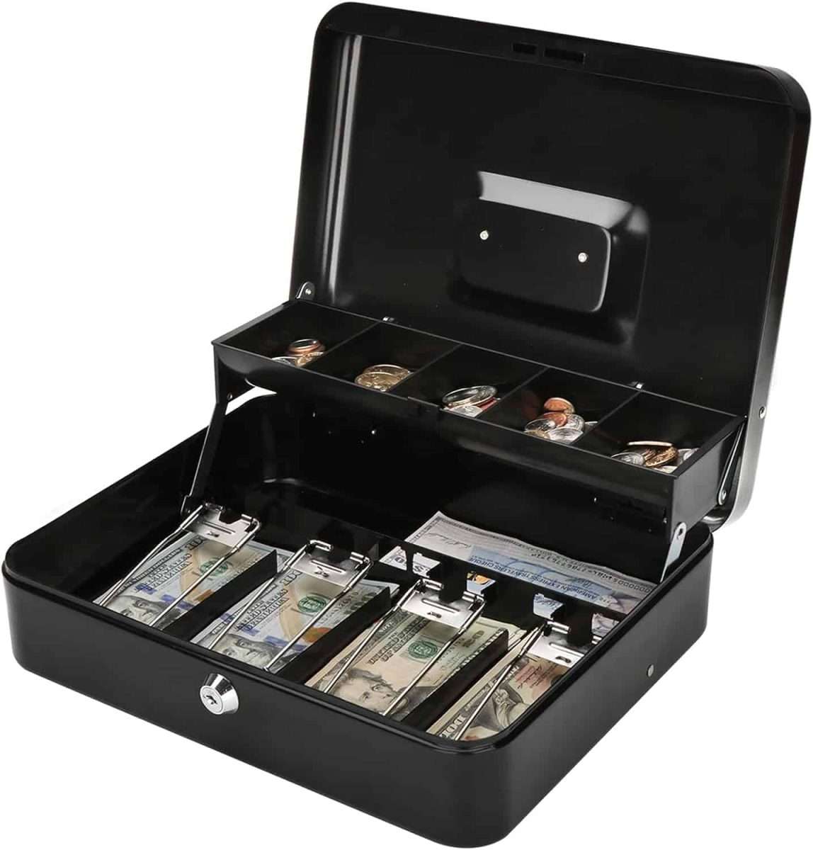 blackcash lock box with money inside.