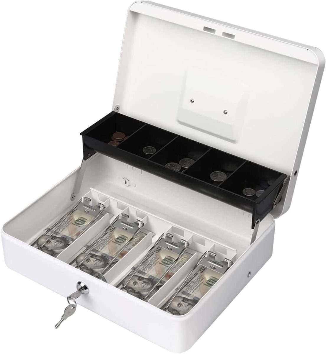 white cash lock box with money inside.